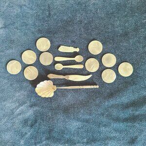 MOTHER OF PEARL CAVIAR SET SPOONS SERVING UTENSILS STERLING SILVER LOT OF 15